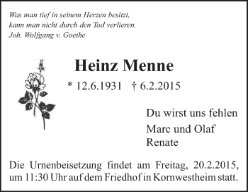 Traueranzeige von Heinz Menne von Stuttgarter Zeitung / Stuttgarter Nachrichten