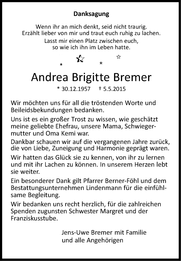  Traueranzeige für Andrea Brigitte Bremer vom 29.05.2015 aus Stuttgarter Zeitung / Stuttgarter Nachrichten