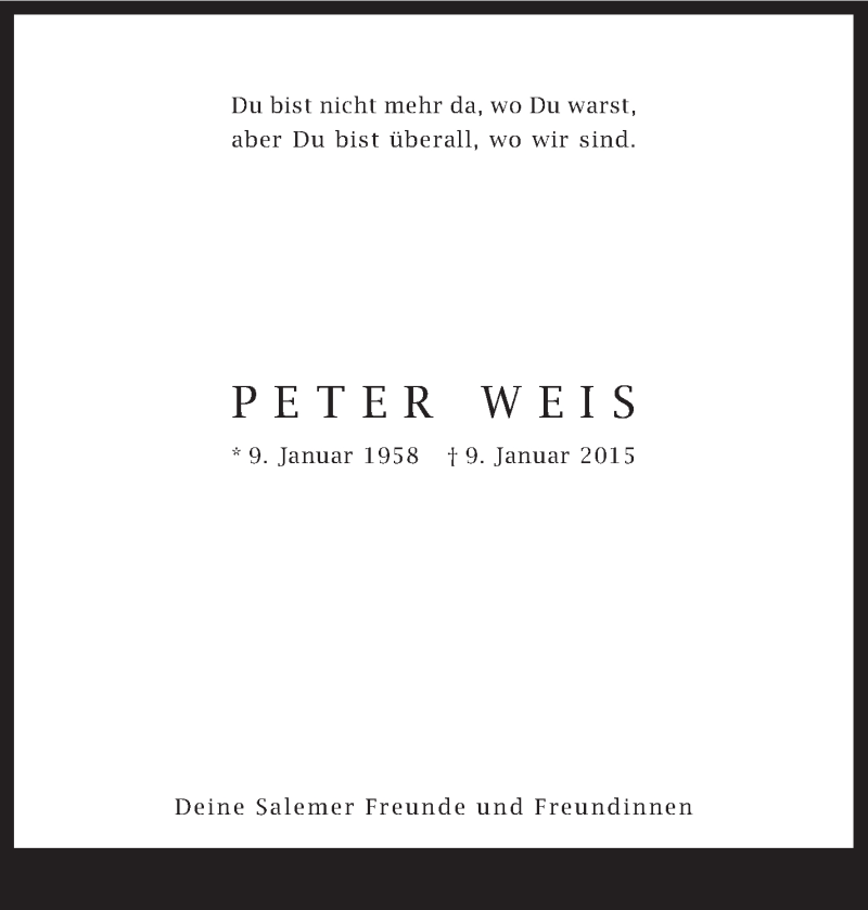  Traueranzeige für Peter Weis vom 24.01.2015 aus Stuttgarter Zeitung / Stuttgarter Nachrichten