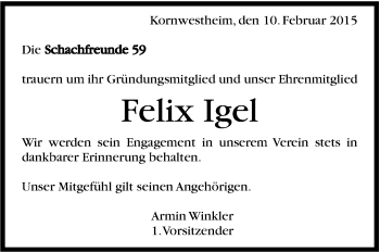 Traueranzeige von Felix Igel von Stuttgarter Zeitung / Stuttgarter Nachrichten