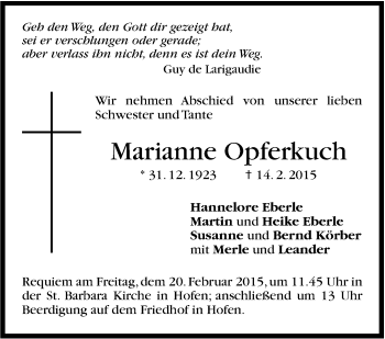 Traueranzeige von Marianne Opferkuch von Stuttgarter Zeitung / Stuttgarter Nachrichten