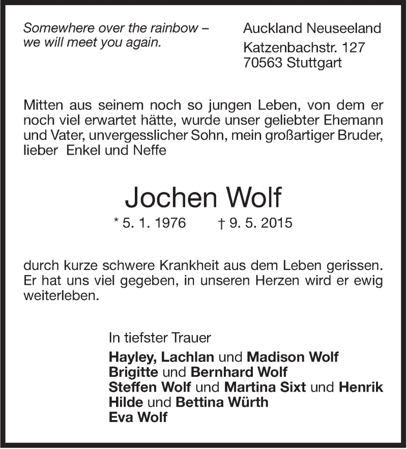  Traueranzeige für Jochen Wolf vom 23.05.2015 aus Stuttgarter Zeitung / Stuttgarter Nachrichten
