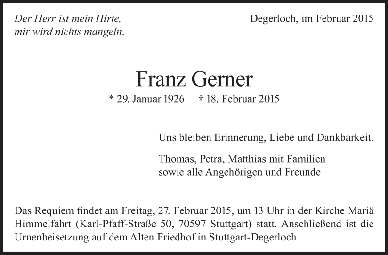  Traueranzeige für Franz Gerner vom 24.02.2015 aus Stuttgarter Zeitung / Stuttgarter Nachrichten
