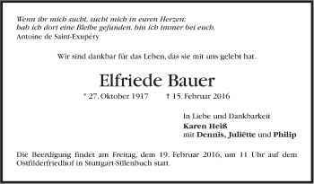 Traueranzeige von Elfriede Bauer von Stuttgarter Zeitung / Stuttgarter Nachrichten