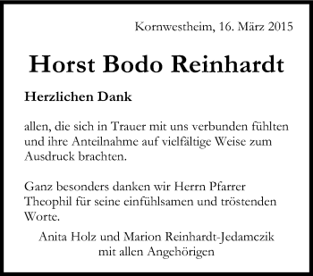 Traueranzeige von Horst Bodo Reinhardt von Stuttgarter Zeitung / Stuttgarter Nachrichten
