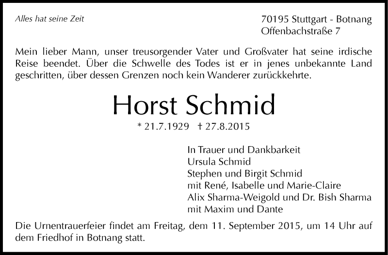  Traueranzeige für Horst Schmid vom 05.09.2015 aus Stuttgarter Zeitung / Stuttgarter Nachrichten