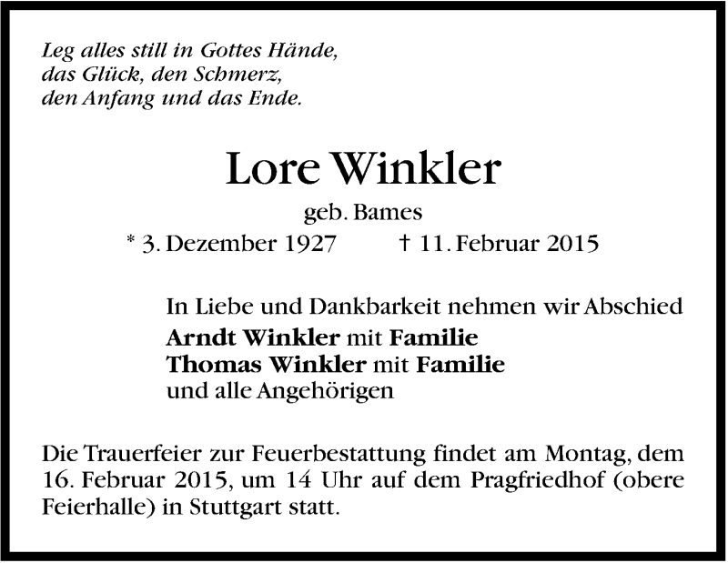  Traueranzeige für Lore Winkler vom 13.02.2015 aus Stuttgarter Zeitung / Stuttgarter Nachrichten