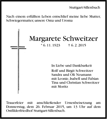 Traueranzeige von Margarete Schweitzer von Stuttgarter Zeitung / Stuttgarter Nachrichten