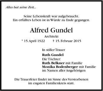 Traueranzeige von Alfred Gundel von Stuttgarter Zeitung / Stuttgarter Nachrichten