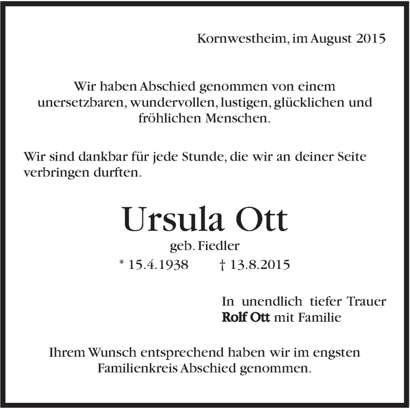  Traueranzeige für Ursula Ott vom 22.08.2015 aus Stuttgarter Zeitung / Stuttgarter Nachrichten