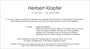 Traueranzeige von Herbert Klopfer von Stuttgarter Zeitung / Stuttgarter Nachrichten
