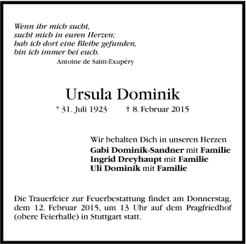 Traueranzeige von Ursula Dominik von Stuttgarter Zeitung / Stuttgarter Nachrichten
