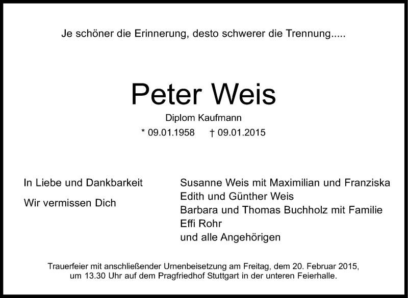  Traueranzeige für Peter Weis vom 24.01.2015 aus Stuttgarter Zeitung / Stuttgarter Nachrichten