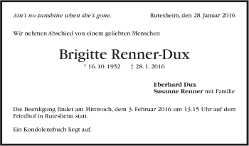 Traueranzeige von Brigitte Renner-Dux von Stuttgarter Zeitung / Stuttgarter Nachrichten