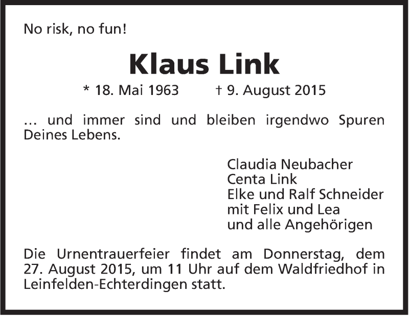  Traueranzeige für Klaus Link vom 22.08.2015 aus Stuttgarter Zeitung / Stuttgarter Nachrichten