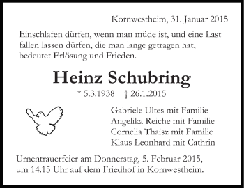 Traueranzeige von Heinz Schubring von Stuttgarter Zeitung / Stuttgarter Nachrichten