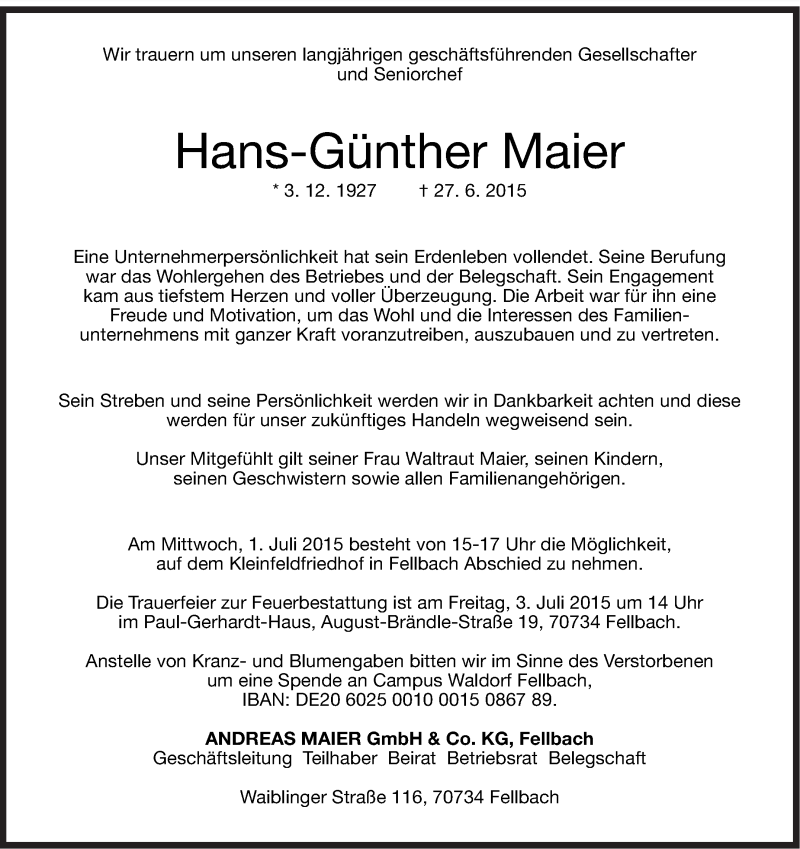  Traueranzeige für Hans-Günther Maier vom 30.06.2015 aus Stuttgarter Zeitung / Stuttgarter Nachrichten