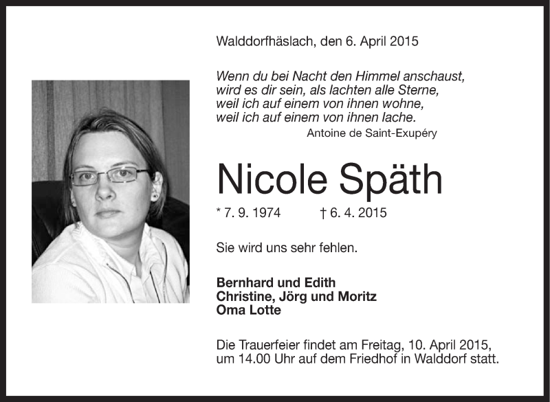  Traueranzeige für Nicole Späth vom 09.04.2015 aus Stuttgarter Zeitung / Stuttgarter Nachrichten