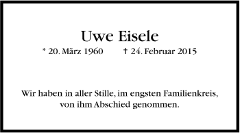 Traueranzeige von Uwe Eisele von Stuttgarter Zeitung / Stuttgarter Nachrichten