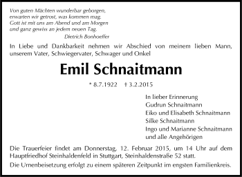 Traueranzeige von Emil Schnaitmann von Stuttgarter Zeitung / Stuttgarter Nachrichten