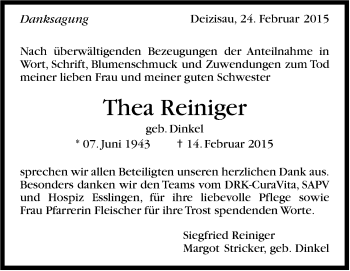 Traueranzeige von Thea Reiniger von Stuttgarter Zeitung / Stuttgarter Nachrichten