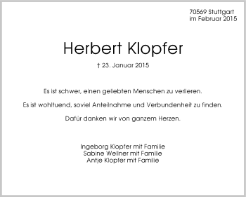 Traueranzeige von Herbert Klopfer von Stuttgarter Zeitung / Stuttgarter Nachrichten