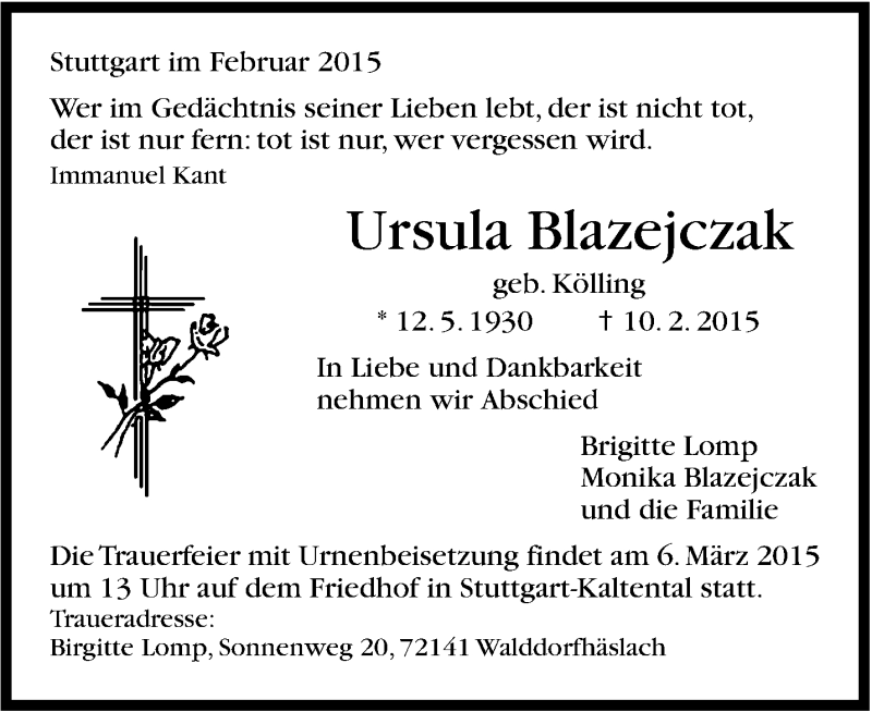  Traueranzeige für Ursula Blazejczak vom 27.02.2015 aus Stuttgarter Zeitung / Stuttgarter Nachrichten