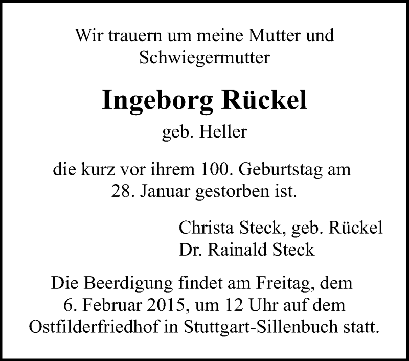  Traueranzeige für Ingeborg Rückel vom 03.02.2015 aus Stuttgarter Zeitung / Stuttgarter Nachrichten