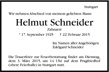 Traueranzeige von Helmut Schneider von Stuttgarter Zeitung / Stuttgarter Nachrichten