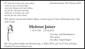 Traueranzeige von Helmut Jaiser von Stuttgarter Zeitung / Stuttgarter Nachrichten