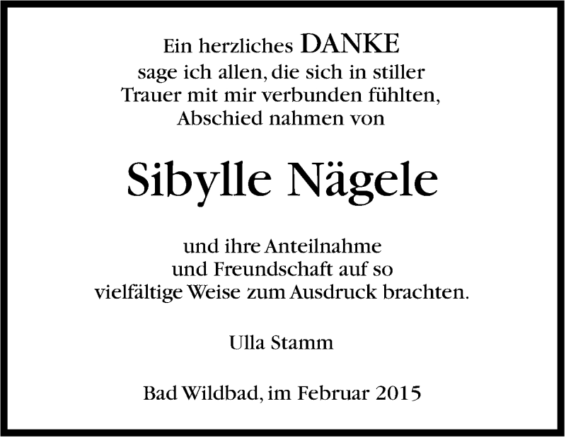  Traueranzeige für Sibylle Nägele vom 14.02.2015 aus Stuttgarter Zeitung / Stuttgarter Nachrichten