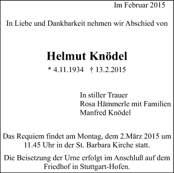 Traueranzeige von Helmut Knödel von Stuttgarter Zeitung / Stuttgarter Nachrichten