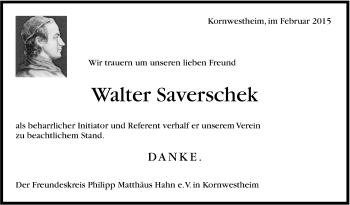 Traueranzeige von Walter Saverschek von Stuttgarter Zeitung / Stuttgarter Nachrichten