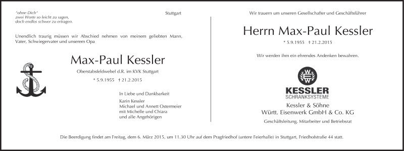  Traueranzeige für Max-Paul Kessler vom 28.02.2015 aus Stuttgarter Zeitung / Stuttgarter Nachrichten