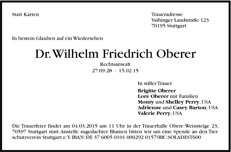  Traueranzeige für Wilhelm Friedrich Oberer vom 28.02.2015 aus Stuttgarter Zeitung / Stuttgarter Nachrichten