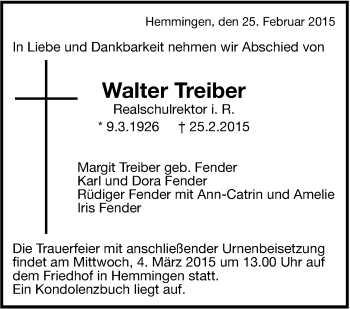 Traueranzeige von Walter Treiber von Stuttgarter Zeitung / Stuttgarter Nachrichten