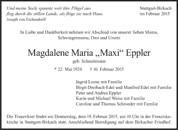 Traueranzeige von Magdalene Maria Eppler von Stuttgarter Zeitung / Stuttgarter Nachrichten