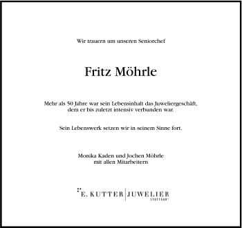Traueranzeige von Fritz Möhrle von Stuttgarter Zeitung / Stuttgarter Nachrichten