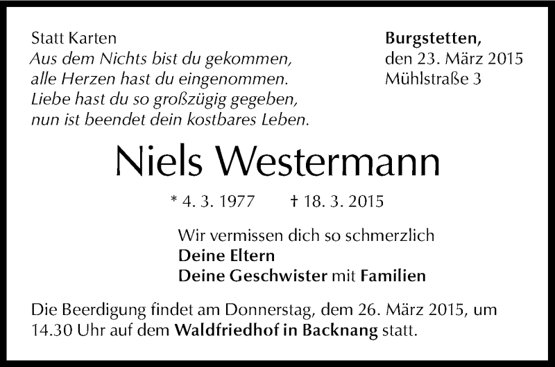  Traueranzeige für Niels Westermann vom 23.03.2015 aus Stuttgarter Zeitung / Stuttgarter Nachrichten