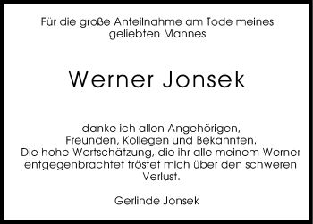 Traueranzeige von Werner Jonsek von Stuttgarter Zeitung / Stuttgarter Nachrichten