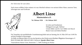 Traueranzeige von Albert Linse von Stuttgarter Zeitung / Stuttgarter Nachrichten