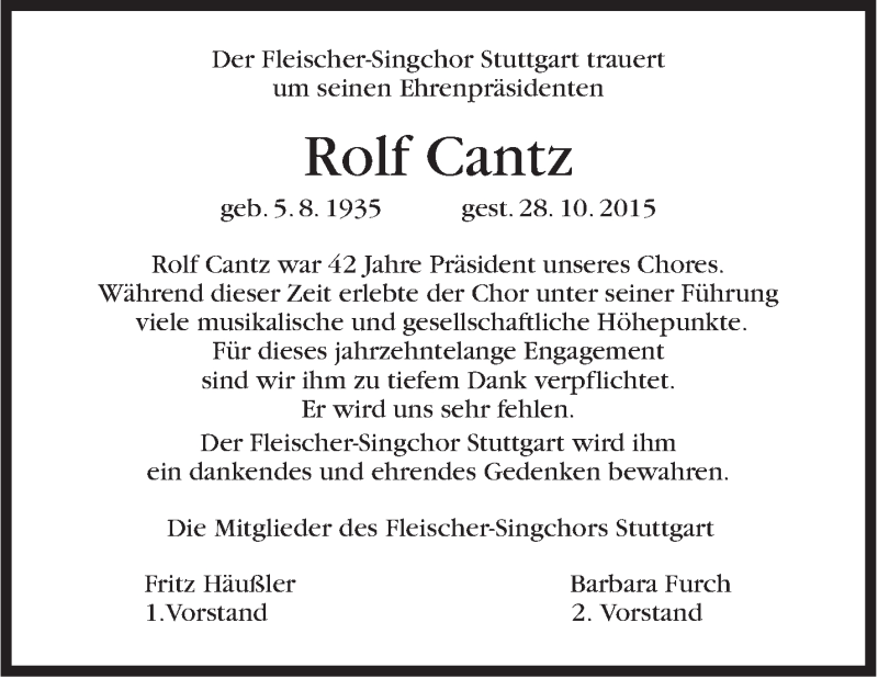  Traueranzeige für Rolf Cantz vom 31.10.2015 aus Stuttgarter Zeitung / Stuttgarter Nachrichten