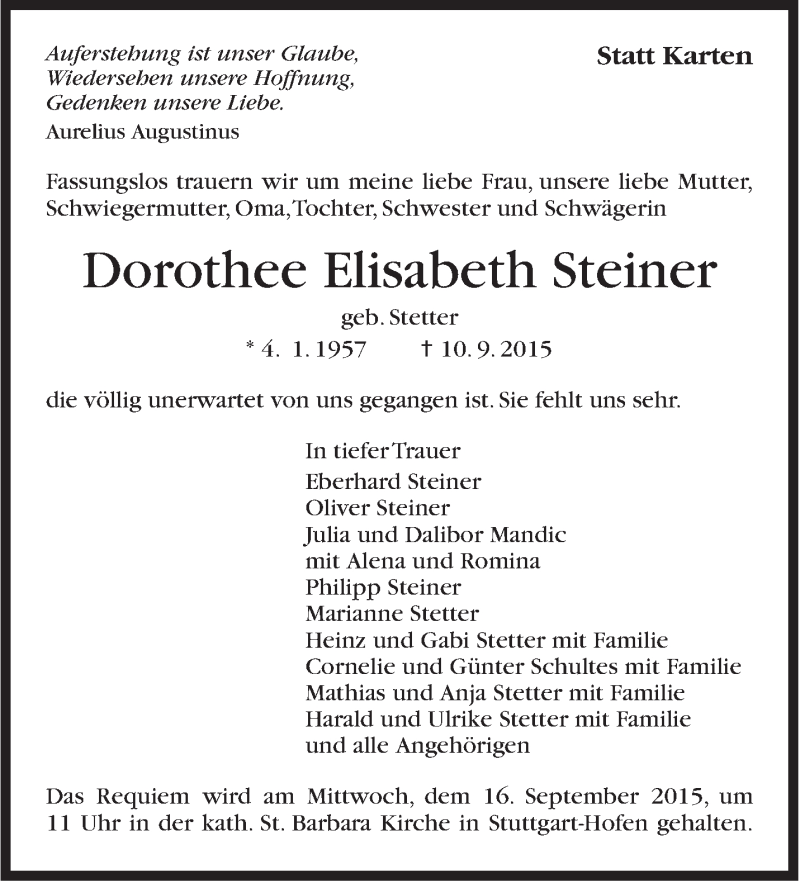  Traueranzeige für Dorothee Elisabeth Steiner vom 12.09.2015 aus Stuttgarter Zeitung / Stuttgarter Nachrichten