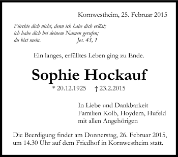 Traueranzeige von Sophie Hockauf von Stuttgarter Zeitung / Stuttgarter Nachrichten
