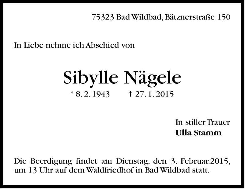  Traueranzeige für Sibylle Nägele vom 29.01.2015 aus Stuttgarter Zeitung / Stuttgarter Nachrichten
