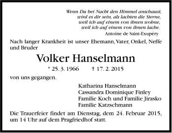 Traueranzeige von Volker Hanselmann von Stuttgarter Zeitung / Stuttgarter Nachrichten