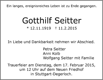 Traueranzeige von Gotthilf Seitter von Stuttgarter Zeitung / Stuttgarter Nachrichten