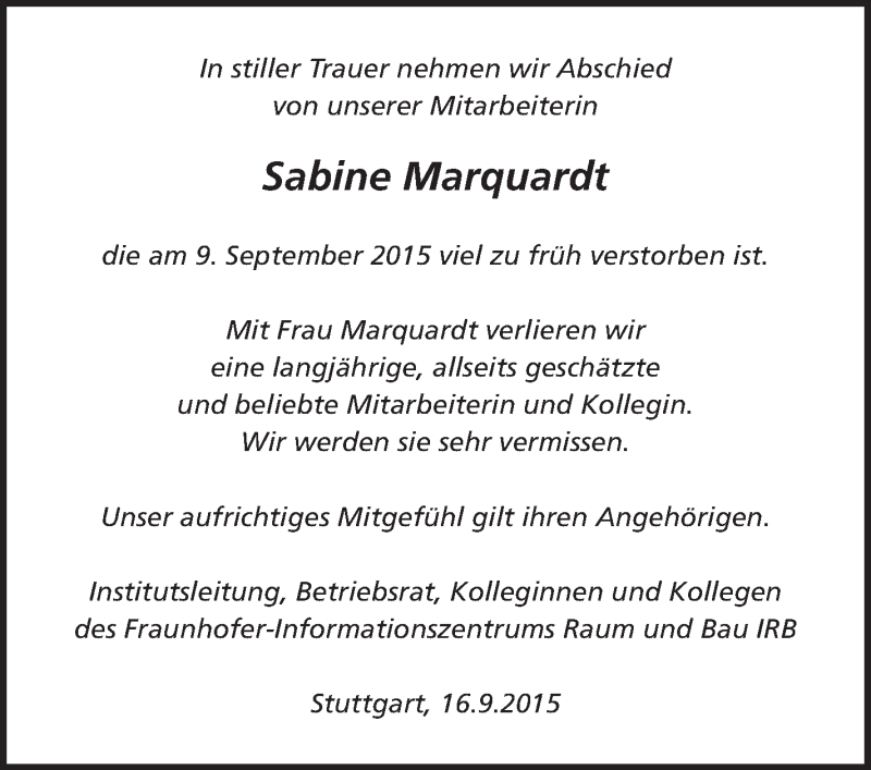  Traueranzeige für Sabine Marquardt vom 16.09.2015 aus Stuttgarter Zeitung / Stuttgarter Nachrichten