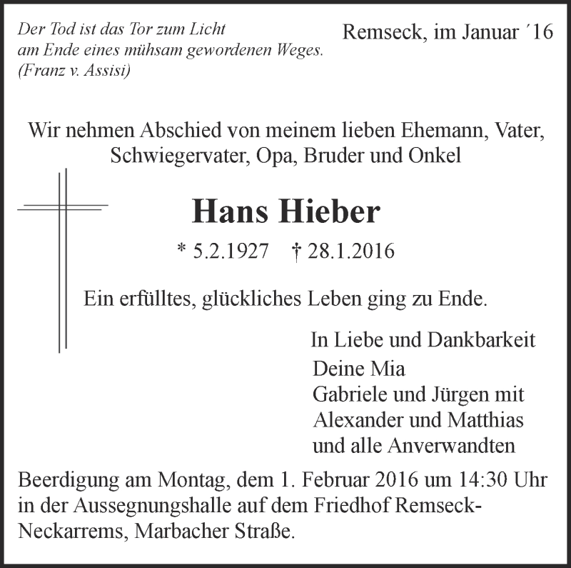  Traueranzeige für Hans Hieber vom 30.01.2016 aus Stuttgarter Zeitung / Stuttgarter Nachrichten