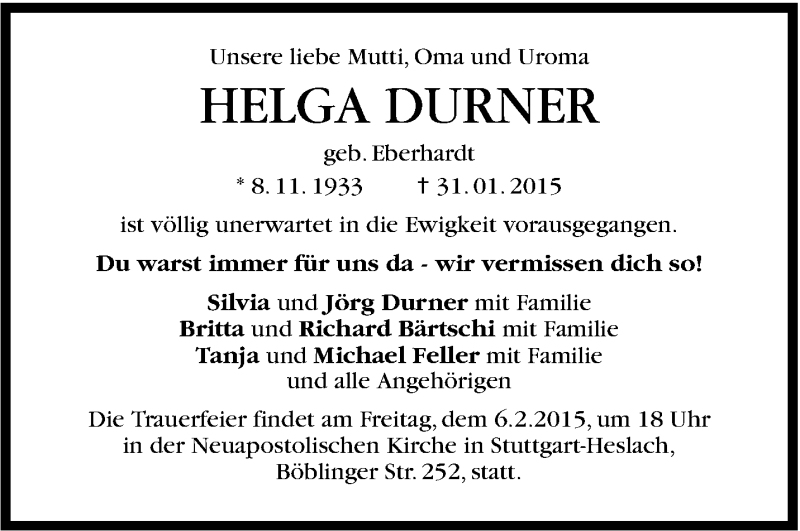  Traueranzeige für Helga Durner vom 03.02.2015 aus Stuttgarter Zeitung / Stuttgarter Nachrichten